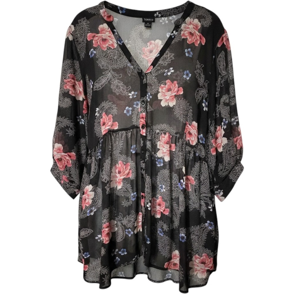 Torrid Womens Plus Size 2 Floral Paisley Sheer Chiffon Babydoll Tunic Blouse